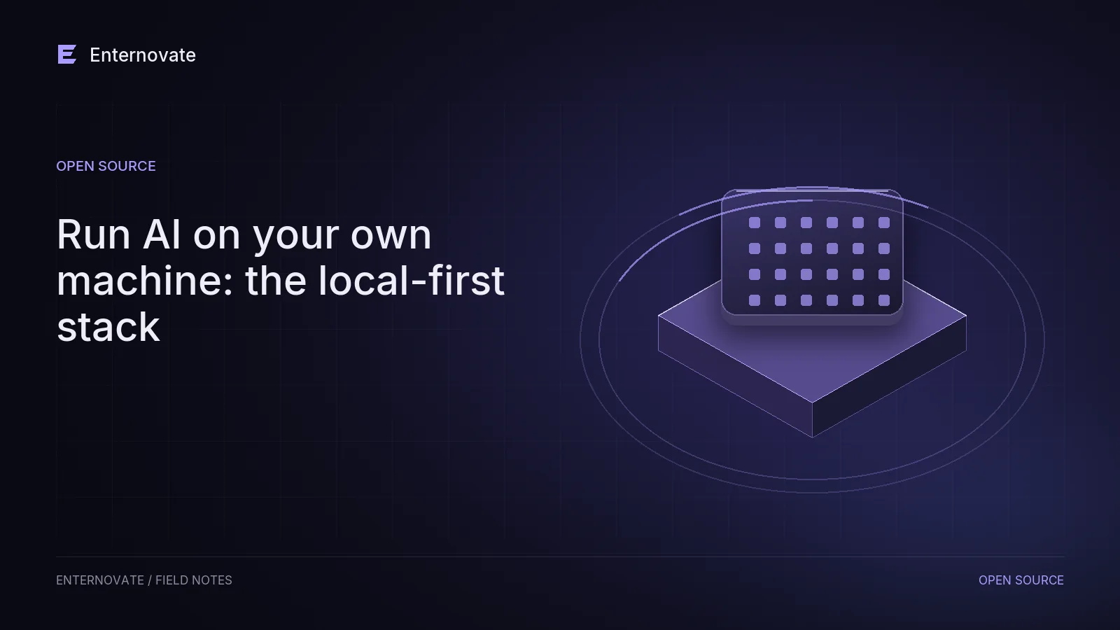 Editorial illustration for “Run AI on your own machine: the local-first stack”: local motif in dark indigo and lavender.