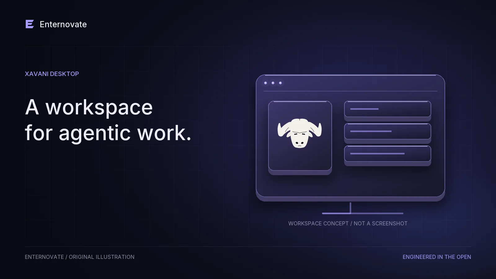 Conceptual desktop workspace illustration with the approved buffalo mark; not an actual product screenshot.